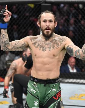 Marlon Vera of Ecuador reacts after his knockout victory over Frankie Edgar in their bantamweight fight during the UFC 268 event