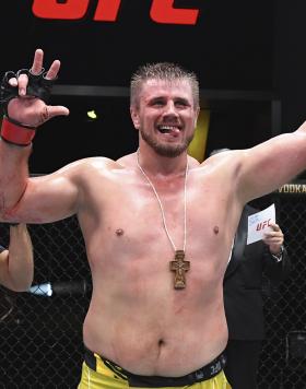 Alexandr Romanov of Moldova celebrates his TKO victory over Jared Vanderaa in their heavyweight bout during the UFC Fight Night event at UFC APEX