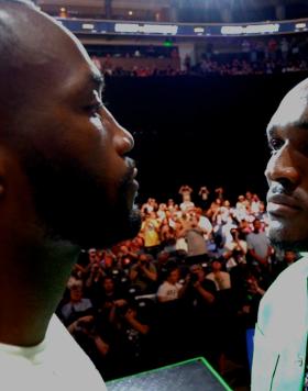 Welterweight champion Kamaru Usman and Leon Edwards faceoff ahead of their bout at UFC 278: Usman vs Edwards 2 in Salt Lake City, Utah.