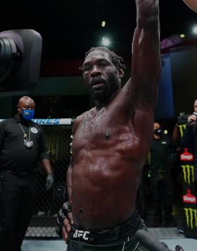 Jared Cannonier reacts after his five-round unanimous decision victory over Kelvin Gastelum at UFC Fight Night: Cannonier vs Gastelum on August 21, 2021 in Las Vegas, Nevada (Photo by Chris Unger/Zuffa LLC)