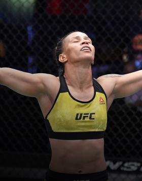 Amanda Lemos of Brazil reacts after her victory over Livinha Souza of Brazil in their strawweight fight during the UFC 259 event at UFC APEX on March 06, 2021 in Las Vegas, Nevada. (Photo by Jeff Bottari/Zuffa LLC)