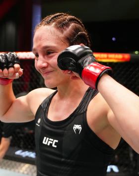 Alexa Grasso of Mexico reacts after her victory over Viviane Araujo of Brazil in a flyweight fight during the UFC Fight Night event at UFC APEX 