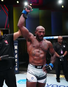 Khalil Rountree Jr. reacts after his victory over Dustin Jacoby in a light heavyweight fight during the UFC Fight Night event at UFC APEX