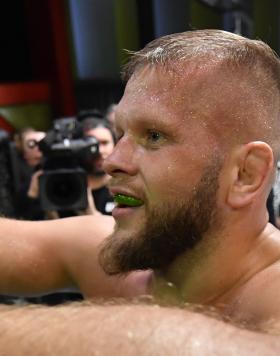Marcin Tybura of Poland reacts after his TKO victory over Walt Harris in a heavyweight fight during the UFC Fight Night event at UFC APEX on June 05, 2021 in Las Vegas, Nevada. (Photo by Jeff Bottari/Zuffa LLC)
