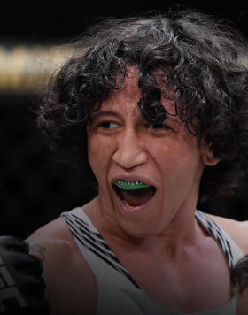 Virna Jandiroba of Brazil celebrates after her TKO victory over Kanako Murata of Japan in a strawweight bout during the UFC Fight Night event at UFC APEX on June 19, 2021 in Las Vegas, Nevada. (Photo by Chris Unger/Zuffa LLC)