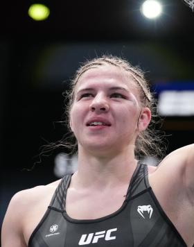 Miranda Maverick reacts after her submission victory over Sabina Mazo of Colombia in their flyweight fight during the UFC Fight Night event at UFC APEX