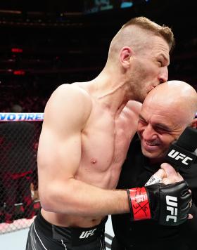 Dan Hooker of New Zealand reacts after his victory over Claudio Puelles of Peru in a lightweight bout during the UFC 281 event at Madison Square Garden on November 12, 2022 in New York City. (Photo by Jeff Bottari/Zuffa LLC)