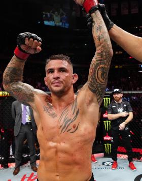  Dustin Poirier reacts after his submission victory over Michael Chandler in a lightweight bout during the UFC 281 event at Madison Square Garden on November 12, 2022 in New York City. (Photo by Jeff Bottari/Zuffa LLC)