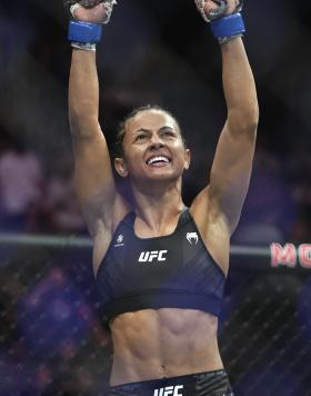 Natalia Silva of Brazil reacts after defeating Jasmine Jasudavicius of Canada in a flyweight fight during the UFC Fight Night event at Moody Center