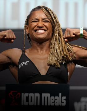 Angela Hill poses on the scale during the UFC Fight Night ceremonial weigh-in at Pechanga Arena on August 12, 2022 in San Diego, California. (Photo by Jeff Bottari/Zuffa LLC)