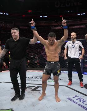 Rafael Dos Anjos of Brazil reacts after his submission victory over Bryan Barberena in a welterweight fight during the UFC Fight Night event at Amway Center