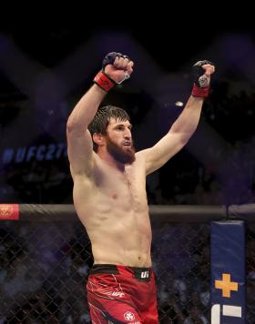 Magomed Ankalaev of Russia celebrates after defeating Anthony Smith in their light heavyweight bout during UFC 277 at American Airlines Center on July 30, 2022 in Dallas, Texas. Magomed Ankalaev won via a second round knockout. (Photo by Carmen Mandato/Getty Images)