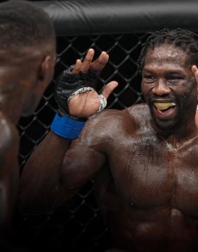 Jared Cannonier reacts to Israel Adesanya of Nigeria in the UFC middleweight championship fight during the UFC 276 event at T-Mobile Arena on July 02, 2022 in Las Vegas, Nevada. (Photo by Jeff Bottari/Zuffa LLC)