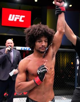 Featherweight Alex Caceres reacts after his TKO victory over Julian Erosa at UFC Fight Night: Cannonier vs Strickland on December 17, 2022