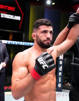 Lightweight Arman Tsarukyan reacts after his unanimous decision victory at UFC Fight Night: Cannonier vs Strickland on December 17, 2022