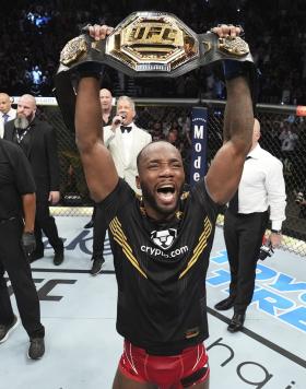 Leon Edwards of Jamaica reacts after defeating Kamaru Usman of Nigeria in the UFC welterweight championship fight during the UFC 278 event at Vivint Arena on August 20, 2022 in Salt Lake City, Utah.