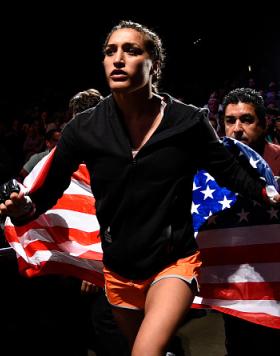 LAS VEGAS, NV - JULY 08:  Tatiana Suarez prepares to enter the Octagon before here women's strawweight bout against Amanda Cooper during The Ultimate Fighter Finale event at MGM Grand Garden Arena on July 8, 2016 in Las Vegas, Nevada.  (Photo by Jeff Bott
