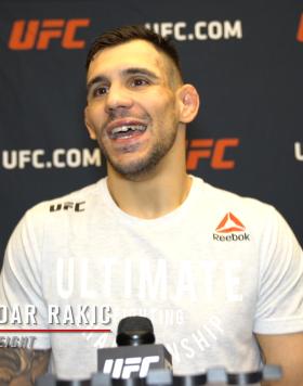 Aleksandar Rakic reacts with UFC.com after his unanimous decision victory over light heavyweight Thiago Santos at UFC 259: Blachowicz vs Adesanya on March 6, 2021.