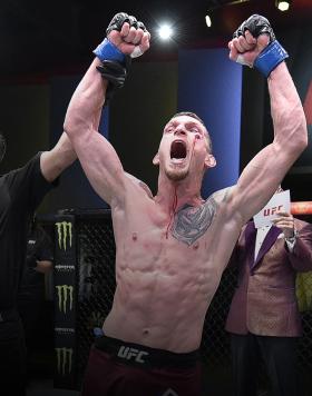 David Dvorak of the Czech Republic reacts after his victory over Jordan Espinosa in their flyweight bout during the UFC Fight Night event at UFC APEX on September 19, 2020 in Las Vegas, Nevada. (Photo by Chris Unger/Zuffa LLC)