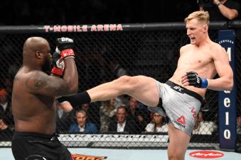 Alexander Volkov kicks Derrick Lewis in their heavyweight bout during the UFC 229 event inside T-Mobile Arena on October 6, 2018 in Las Vegas, Nevada.