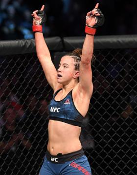 Maycee Barber reacts after defeating Hannah Cifers in their women's strawweight bout during the UFC Fight Night event inside Pepsi Center on November 10, 2018 in Denver, Colorado. (Photo by Josh Hedges/Zuffa LLC)