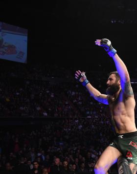 Michael Chiesa celebrates his submission victory over Carlos Condit in their welterweight bout during the UFC 232 event inside The Forum on December 29, 2018 in Inglewood, California. (Photo by Josh Hedges/Zuffa LLC/Zuffa LLC)
