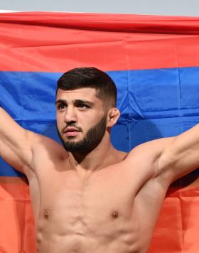 Arman Tsarukyan of Russia poses on the scale during the UFC Fight Night weigh-in at Yubileyny Sports Palace on April 19, 2019 in Saint Petersburg, Russia. (Photo by Jeff Bottari/Zuffa LLC/Zuffa LLC via Getty Images)