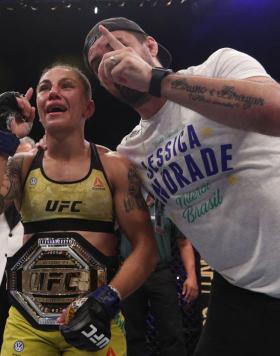 Jessica Andrade of Brazil celebrates after her knockout victory over Rose Namajunas in their women's strawweight championship bout during the UFC 237 event at Jeunesse Arena on May 11, 2019 in Rio De Janeiro, Brazil. (Photo by Buda Mendes/Zuffa Getty Images)