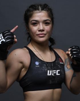 Tracy Cortez poses for a portrait backstage after her victory during the UFC Fight Night