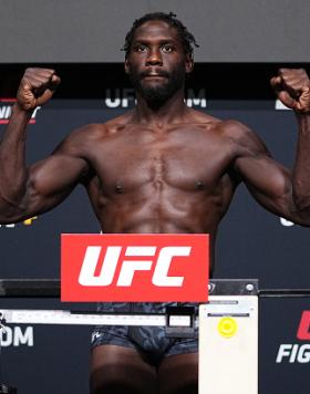 Jared Cannonier poses on the scale during the UFC Fight Night weigh-in at UFC APEX on August 20, 2021 in Las Vegas, Nevada. (Photo by Chris Unger/Zuffa LLC)