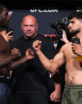 Jared Cannonier and Kelvin Gastelum face off during the UFC Fight Night weigh-in at UFC APEX on August 20, 2021 in Las Vegas, Nevada. (Photo by Chris Unger/Zuffa LLC)