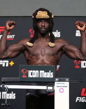 Jared Cannonier poses on the scale during the UFC Fight Night weigh-in at UFC APEX on December 16, 2022 in Las Vegas, Nevada. (Photo by Chris Unger/Zuffa LLC)