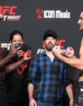 Jared Cannonier and Sean Strickland face off during the UFC Fight Night weigh-in at UFC APEX on December 16, 2022 in Las Vegas, Nevada. (Photo by Chris Unger/Zuffa LLC)