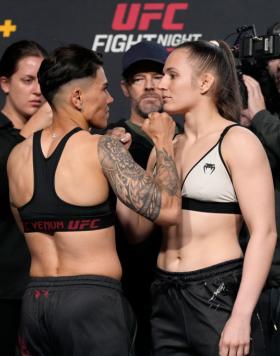 Jessica Andrade of Brazil and Erin Blanchfield face off during the UFC Fight Night weigh-in at UFC APEX on February 17, 2023 in Las Vegas, Nevada. (Photo by Jeff Bottari/Zuffa LLC)