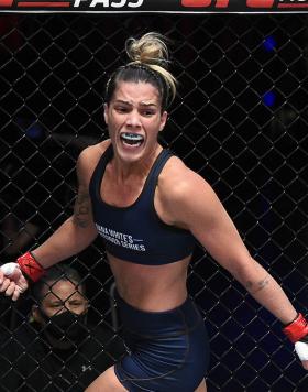 Luana Pinheiro celebrates after her knockout victory over Stephanie Frausto in their strawweight fight during Dana White's Contender Series season four, week nine at UFC APEX on November 10, 2020 in Las Vegas, Nevada. (Photo by Chris Unger/DWCS LLC/Zuffa LLC)