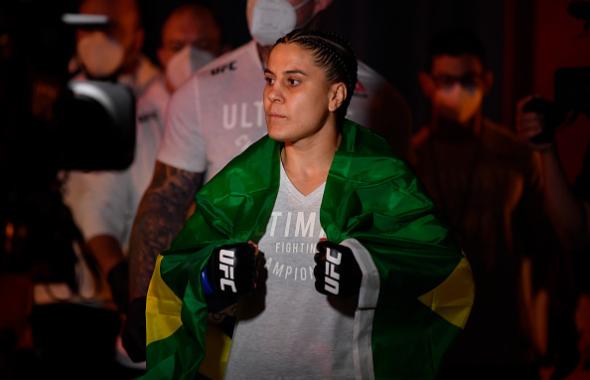 Jennifer Maia of Brazil walks to the Octagon prior to her women's flyweight championship bout against Valentina Shevchenko of Kyrgyzstan during the UFC 255 event at UFC APEX on November 21, 2020 in Las Vegas, Nevada. (Photo by Jeff Bottari/Zuffa LLC)
