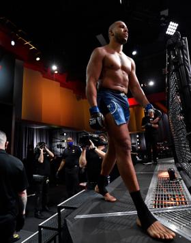 Ciryl Gane of France prepares to enter the Octagon prior to his heavyweight bout against Junior Dos Santos of Brazil during the UFC 256 event at UFC APEX on December 12, 2020 in Las Vegas, Nevada. (Photo by Jeff Bottari/Zuffa LLC)