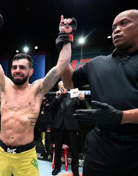 Bruno Silva of Brazil celebrates after his knockout over JP Buys of South Africa in their flyweight fight during the UFC Fight Night event at UFC APEX on March 20, 2021 in Las Vegas, Nevada. (Photo by Chris Unger/Zuffa LLC via Getty Images)
