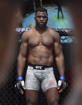 Francis Ngannou of Cameroon prepares to fight Stipe Miocic in their UFC heavyweight championship fight during the UFC 260 event at UFC APEX on March 27, 2021 in Las Vegas, Nevada. (Photo by Chris Unger/Zuffa LLC)