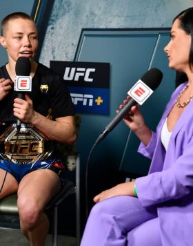 Rose Namajunas is interviewed by Megan Olivi backstage during the UFC 261 event at VyStar Veterans Memorial Arena on April 24, 2021 in Jacksonville, Florida. (Photo by Mike Roach/Zuffa LLC)