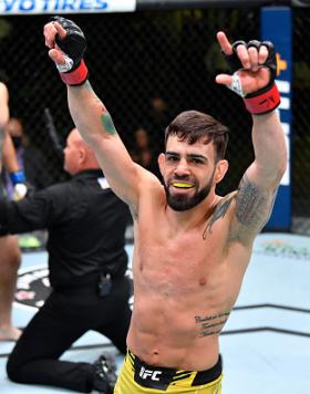 Bruno Silva of Brazil reacts after knocking out Victor Rodriguez in their flyweight bout during the UFC Fight Night event at UFC APEX on May 22, 2021 in Las Vegas, Nevada. (Photo by Chris Unger/Zuffa LLC)