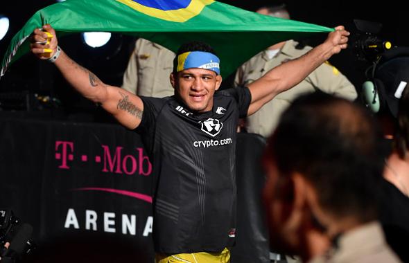 Gilbert Burns of Brazil prepares to walk on stage during the UFC 264 ceremonial weigh-in at T-Mobile Arena on July 09, 2021 in Las Vegas, Nevada. (Photo by Mike Roach/Zuffa LLC)