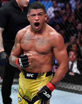 Gilbert Burns of Brazil reacts after the conclusion of his welterweight fight against Stephen Thompson during the UFC 264 event at T-Mobile Arena on July 10, 2021 in Las Vegas, Nevada. (Photo by Jeff Bottari/Zuffa LLC)