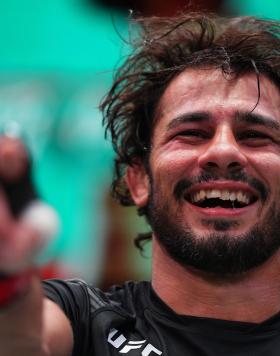 Alexandre Pantoja of Brazil reacts after his victory over Brandon Royval in a flyweight fight during the UFC Fight Night event at UFC APEX on August 21, 2021 in Las Vegas, Nevada. (Photo by Chris Unger/Zuffa LLC)