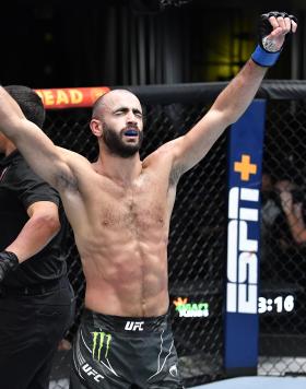 Giga Chikadze of Georgia reacts after his knockout victory over Edson Barboza of Brazil in a featherweight fight during the UFC Fight Night event at UFC APEX on August 28 2021 in Las Vegas Nevada. (Photo by Chris Unger/Zuffa LLC)