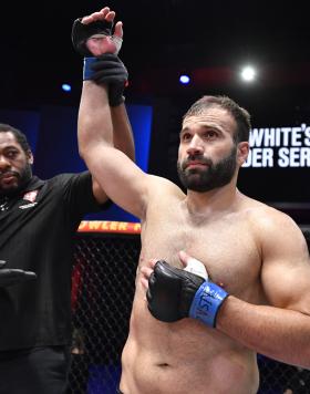 Azamat Murzakanov of Russia reacts after his knockout victory over Matheus Scheffel of Brazil in their light heavyweight fight during Dana White's Contender Series season five week one at UFC APEX on August 31, 2021 in Las Vegas, Nevada. (Photo by Chris Unger/Zuffa LLC)
