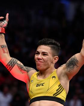 Jessica Andrade of Brazil celebrates her win over Cynthia Calvillo in their flyweight fight during the UFC 266 event on September 25, 2021 in Las Vegas, Nevada. (Photo by Jeff Bottari/Zuffa LLC)