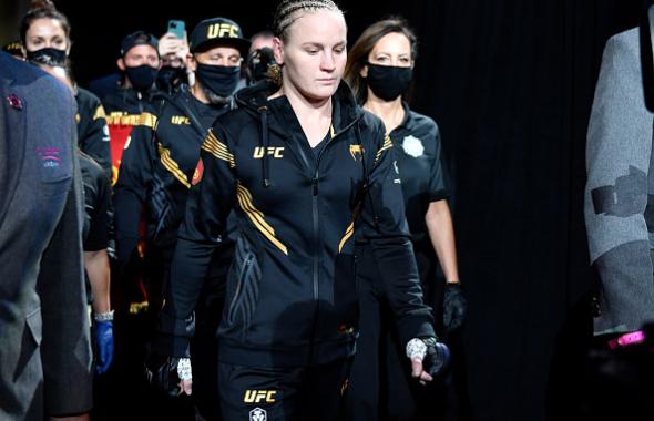 Valentina Shevchenko of Kyrgyzstan walks to the Octagon in her UFC flyweight championship fight during the UFC 266 event on September 25, 2021 in Las Vegas, Nevada. (Photo by Chris Unger/Zuffa LLC)