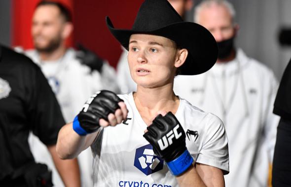 Andrea Lee prepares to fight Cynthia Calvillo in a flyweight fight during the UFC Fight Night event at UFC APEX on November 13, 2021 in Las Vegas, Nevada. (Photo by Chris Unger/Zuffa LLC)