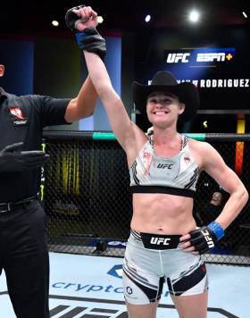 Andrea Lee reacts after her victory over Cynthia Calvillo in a flyweight fight during the UFC Fight Night event at UFC APEX on November 13, 2021 in Las Vegas, Nevada. (Photo by Chris Unger/Zuffa LLC)